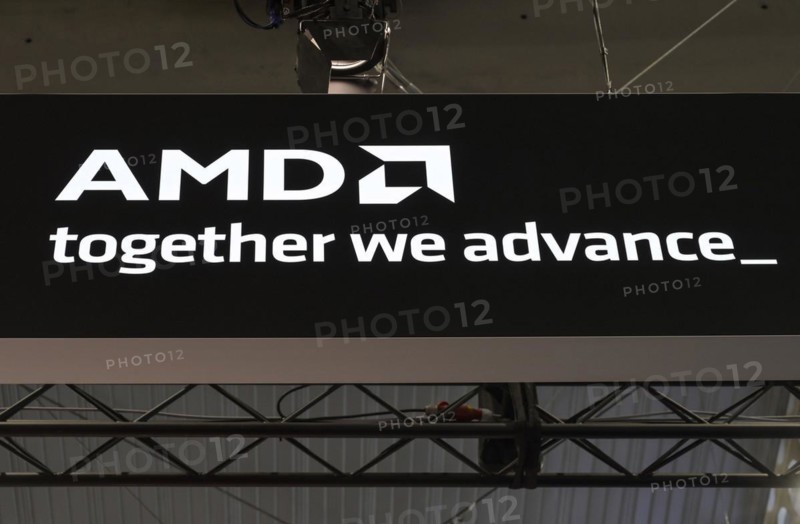AMD chip manufacturer, logo at the trade fair stand, MWC Mobile World Congress 2024, Barcelona, Spain
