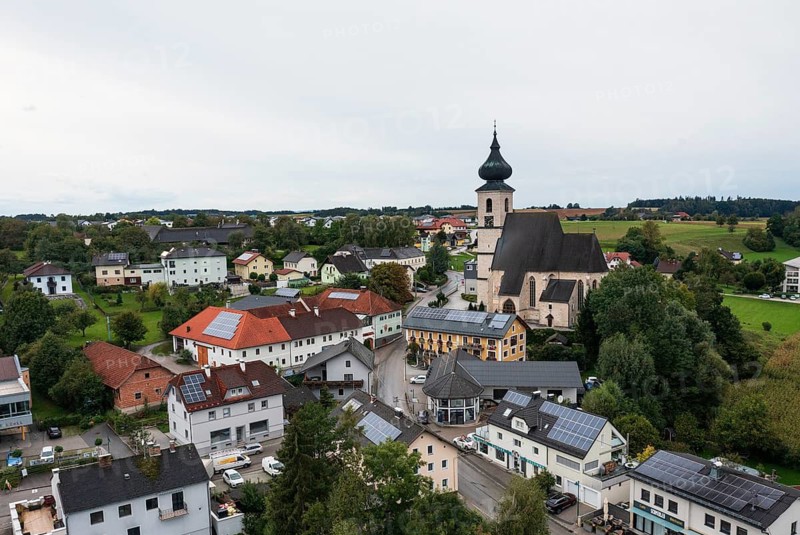 Drone shot, view of village with church, Eberstalzell, Traunviertel, Upper Austria, Austria