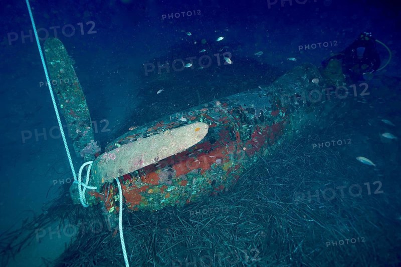 World War II aircraft wreck in deep blue underwater, dive site aircraft wreck Mustang P51, Giens peninsula, Provence Alpes Côte d'Azur, France