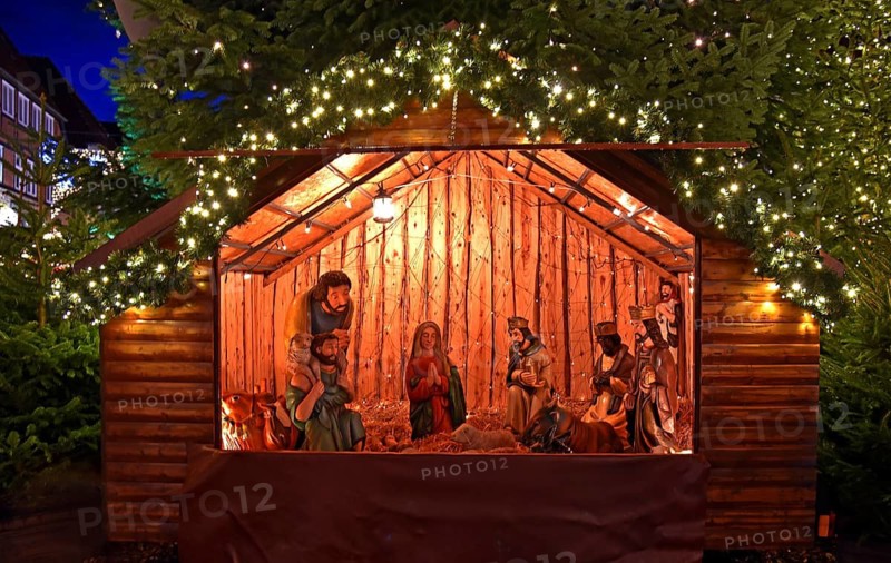 Europe, Germany, Lower Saxony, Hamburg Metropolitan Region, Hanseatic City of Buxtehude, Christmas Market in the Old Town, View of Lange Straße, Christmas Crib