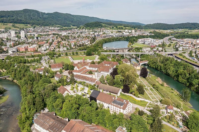 Monastery Wettingen, peninsula Wettingen, river Limmat, aerial view, Aargau, Switzerland