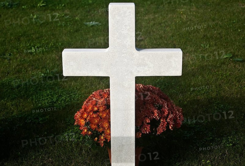 Tomb of a french soldier who died for his country during the WWII, chrysanthemum pot, cemetery in France