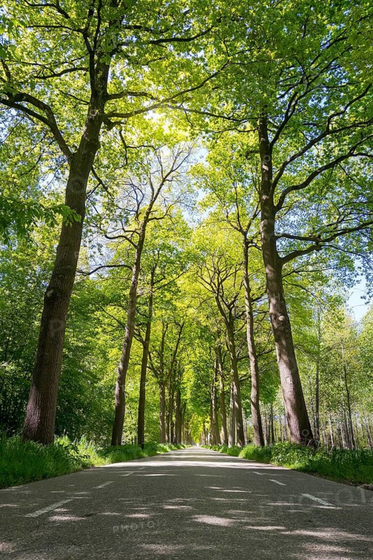 Limbricht, Limburg, Netherlands, Elongated avenue with tall, leafy trees and sunlight illuminating the path