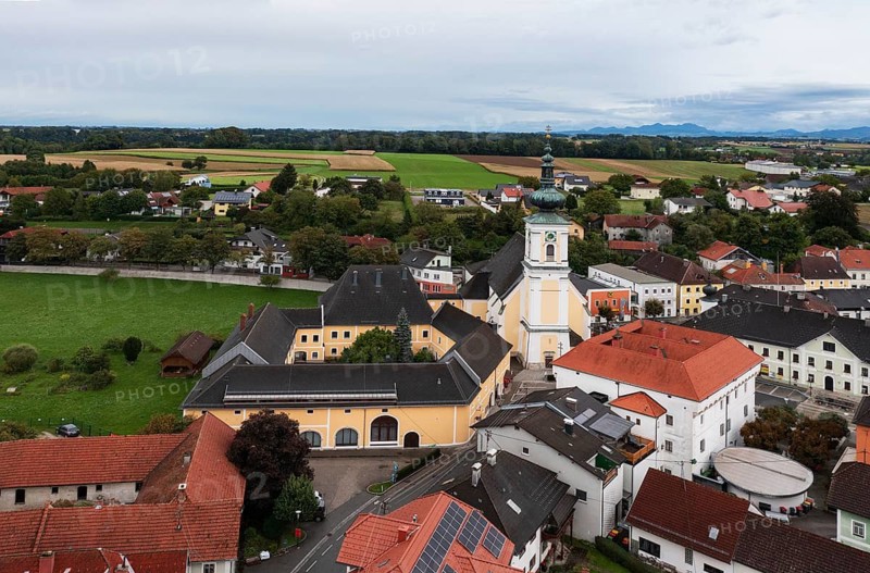 Drone shot, view of village, parish church, Vorchdorf, Traunviertel, Upper Austria, Austria