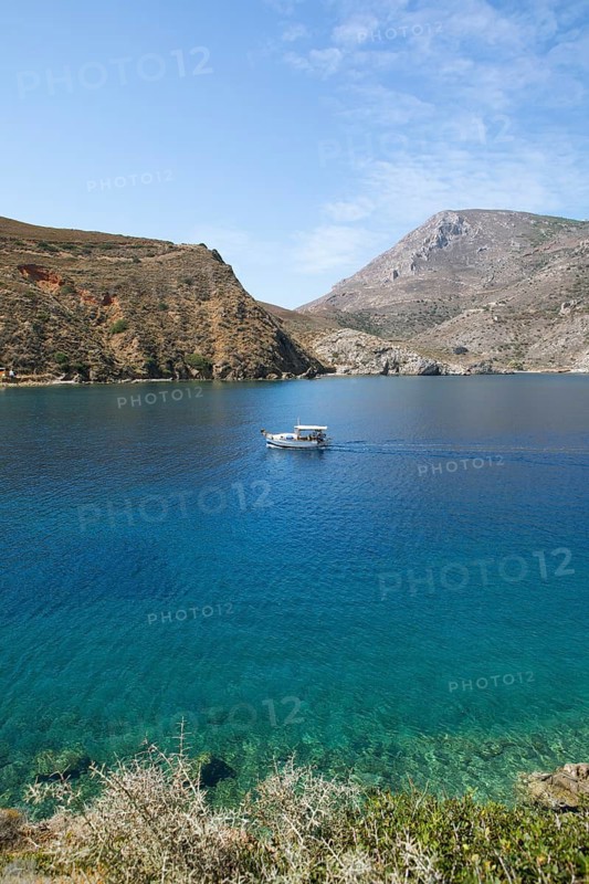 Fishing boat sailing in the Laconian Gulf near Porto Kagio, Mani, Laconia, Peloponnese, Greece