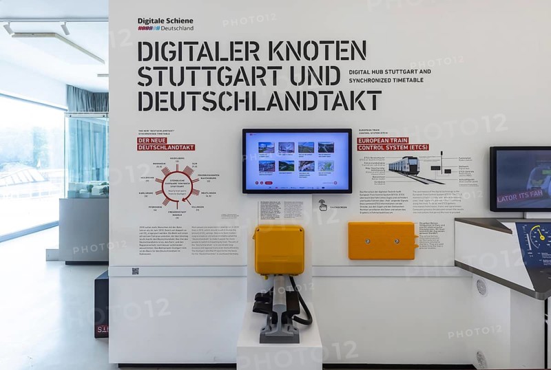 Stuttgart ITS information tower. In the exhibition, Deutsche Bahn AG provides information about the Stuttgart 21 project, digital rail and the Stuttgart Digital Node with Deutschlandtakt. Stuttgart, Baden-Württemberg, Germany