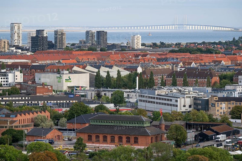 View from the Vor Frelsers Kirke to the island of Amager, the Øresund Bridge or Øresundsbron and Malmö, Copenhagen, Denmark