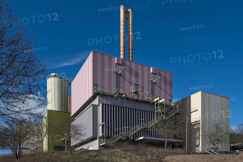 Colourful waste-to-energy plant, Würzburg, Lower Franconia, Bavaria, Germany