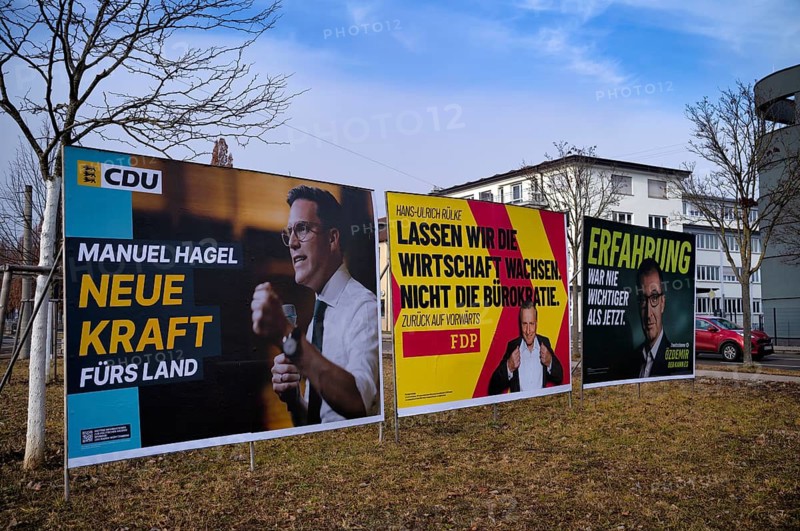 Top candidates Manuel Hagel, Hans-Ulrich Rülke, Cem Özdemir, the parties CDU, FDP, Alliance 90 The Greens, election poster, election posters, 2025 state election, Fellbach, Baden-Württemberg, Germany