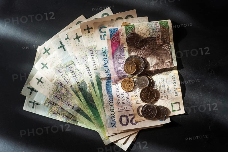 Polish currency, banknotes and coins in Lubin, Poland