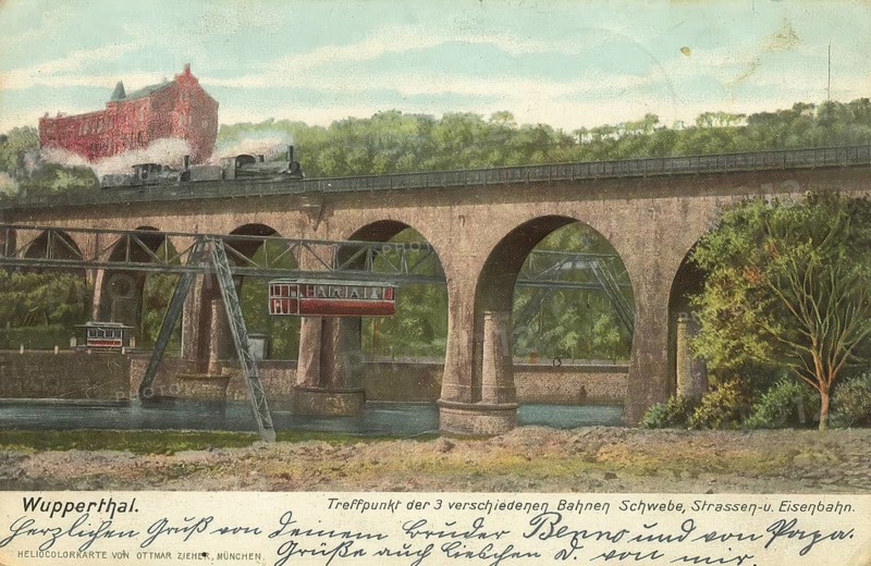 Historical postcard, picture postcard, suspension railway in Wuppertal, North Rhine-Westphalia, Germany, digitally enhanced reproduction of an original from around 1900, picture postcard