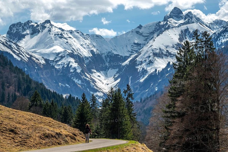 Female hiker on the Oytalstraße from Oberstdorf to Oytal with a view of Oytal behind Kratzer and Trettachspitze, Oberstdorf, Oberallgäu, Bavaria, Germany