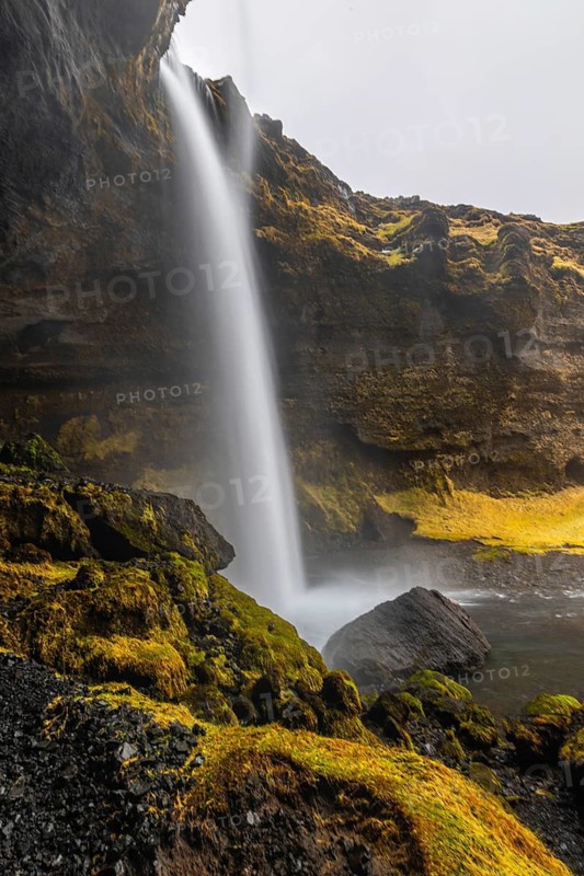 Waterfall, lava rock canyon, winter, Kvernufoss, Skogar, Iceland, Scandinavia