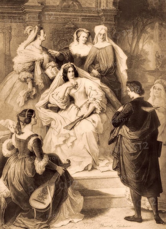 Torquato Tasso, a play by Johann Wolfgang von Goethe, scene from the second act, Leonore, meeting of Torquato Tasso with Eleonora d'Este, after Wilhelm von Kaulbach