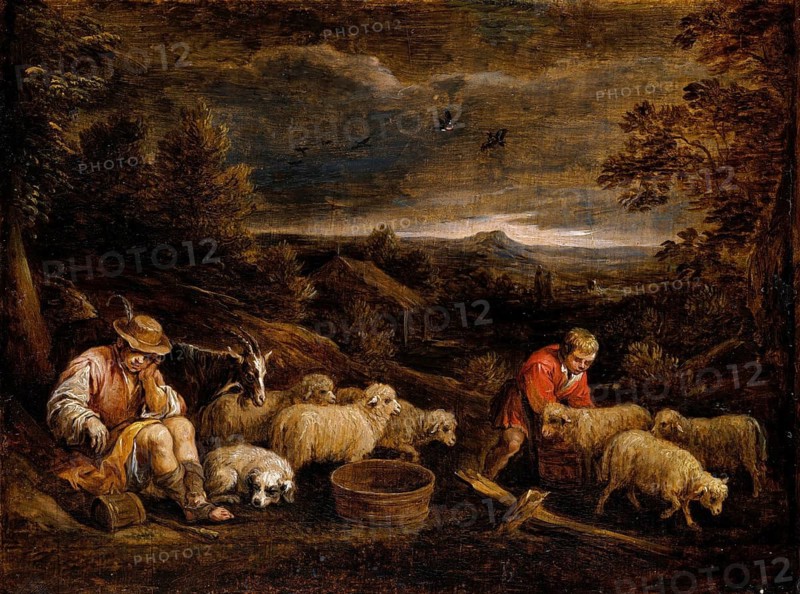 Shepherds and Sheep, painting by David Teniers (baptised 15 December 1610 in Antwerp, died 25 April 1690 in Brussels), Flemish painter, draughtsman and curator. He was an innovator in a variety of genres such as history painting, genre painting, landscape, portrait and still life. He is most remembered today as the leading Flemish genre painter of his time, reproduction from a 17th century painting. Authentic, file restored for optimal use, exact date of original unknown