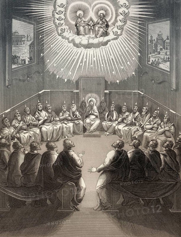 The Day of Pentecost, the descent of the Holy Spirit upon the Apostles, Steel engraving 1853, digitally restored