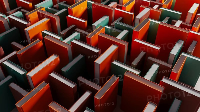 Bright books stand out among darker volumes, inviting exploration and learning in a unique library setting at twilight