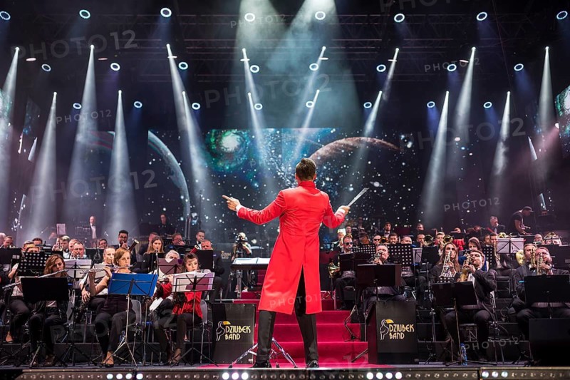 LUBIN, POLAND - AUGUST 31, 2018: The Great Freedom Concert of the 100th anniversary of independence of Poland. Open and free concert of the 100-persons orchestra Dziubek Band with conductor Mariusz Dziubek