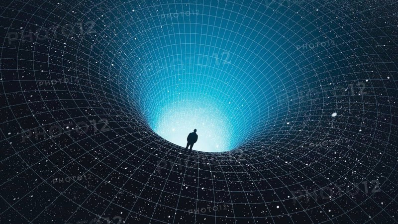A man stands at the edge of a black hole, gazing into the depths of the universe, surrounded by stars in a mesmerizing cosmic abyss