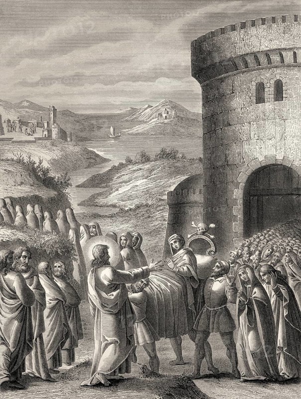 The raising of the son of the widow of Nain, New Testament, 1853, digitally restored