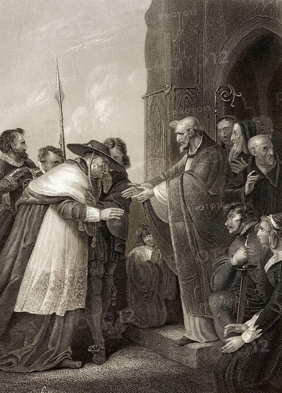Kardinal Wolsey beim Betreten der Abtei von Leicester, Szene aus Heinrich VIII, Akt IV, Szene 2, einem Historienspiel von William Shakespeare