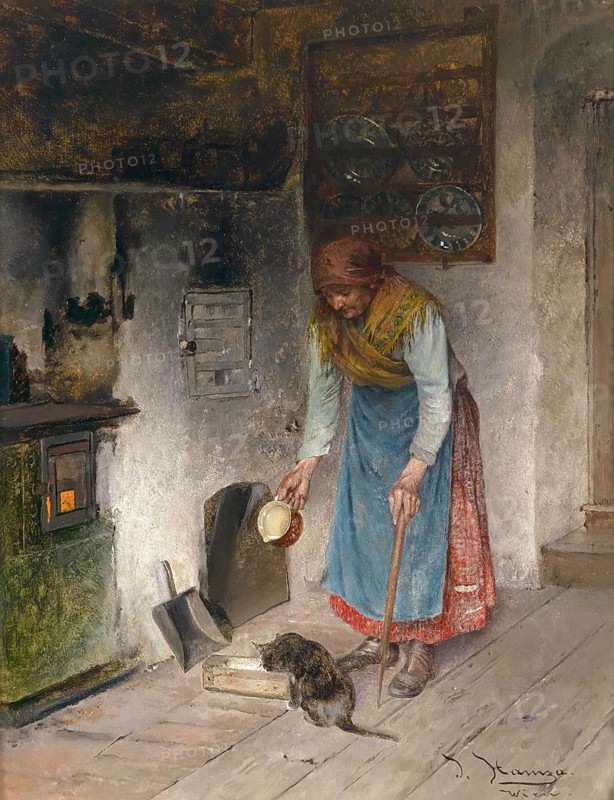 Milk for the cat, old farmer's woman giving milk to her cat, after a painting by Johan Hamza, Switzerland, ca 1890, Historic, digitally restored reproduction of a 19th century original
