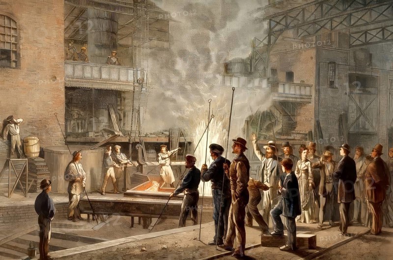 The Grusonwerk or Gruson factory at Magdeburg-Buckau, metalworking with liquid metal, part of the Friedrich Krupp AG, 1886, engineering and defense industry, Germany