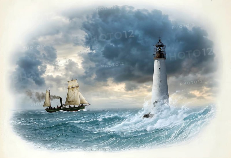 Lighthouse near Cleveland, shipping, sailing ship, sea, wave, coast, North America, historical illustration, digitally edited