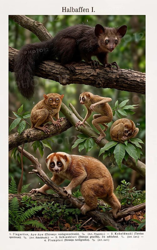 Half-monkey, fingeranimal, goblin lemur, plumplori, aye-aye, daubentonia madagascariensis, lorisidae, tarsiidae, nycticebus, historical illustration, digitally edited