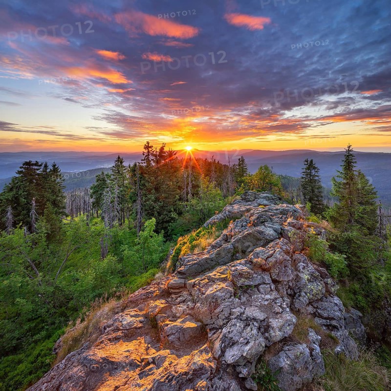 Sunset on the summit of the Großer Rachel (1452m), Bavarian Forest National Park, Lower Bavaria, Bavarian Forest, Bavaria, Germany