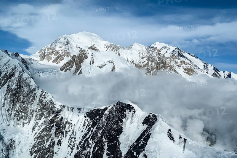 Summit of Mt Denali or Mount McKinley with glacier, aerial view, Alaska Range, Denali National Park, Alaska, USA