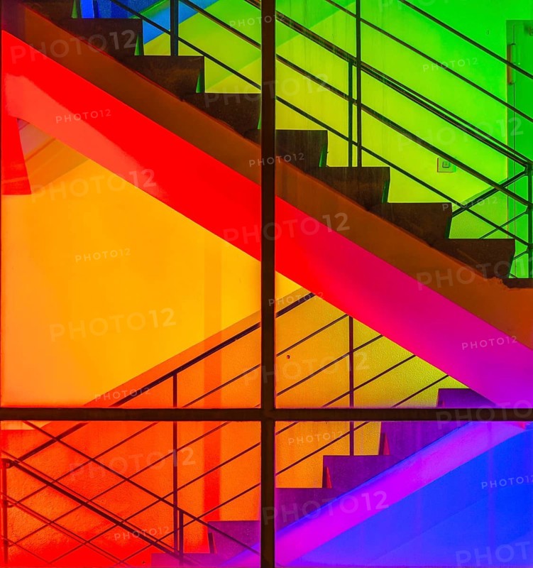View through the windows of a brightly lit staircase. Frankfurter Mainova AG building, city center, Frankfurt am Main, Hesse, Germany