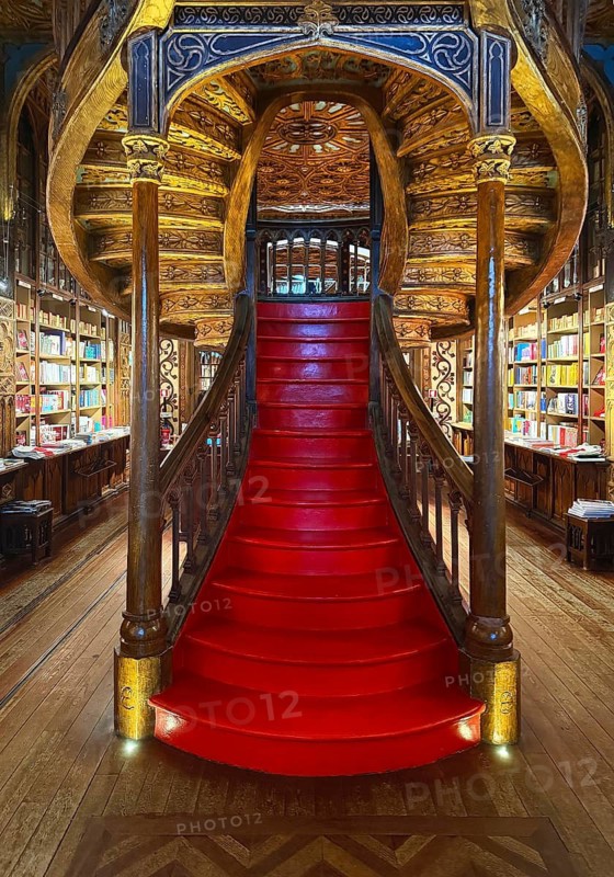 Livraria Lello, the Lello bookstore is one of the most beautiful bookstores in the world, interior view of the wooden staircase, Porto, Portugal