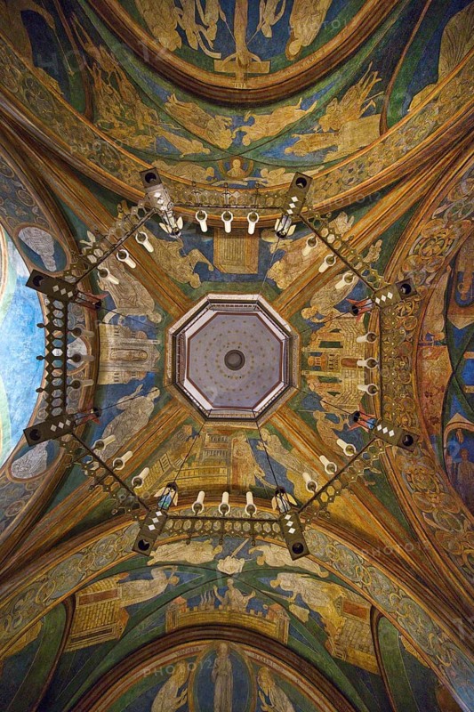 St. Maria and Clemens, view from the lower church through the opening to the ceiling of the upper church, Bonn, North Rhine-Westphalia, Germany