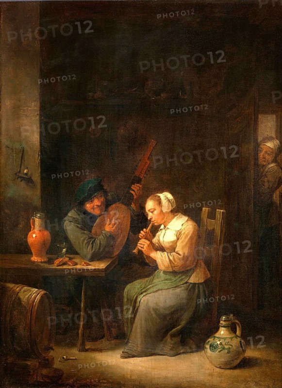 Duet, painting by David Teniers (baptised 15 December 1610 in Antwerp, died 25 April 1690 in Brussels), Flemish painter, draughtsman and curator. He was an innovator in a variety of genres such as history painting, genre painting, landscape, portrait and still life. He is most remembered today as the leading Flemish genre painter of his time, reproduction from a 17th century painting. Authentic, file restored for optimal use, exact date of original unknown