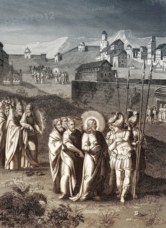 Pharisees try to trap Jesus, Is it right to pay taxes to Caesar or not, steel engraving 1853, digitally restored