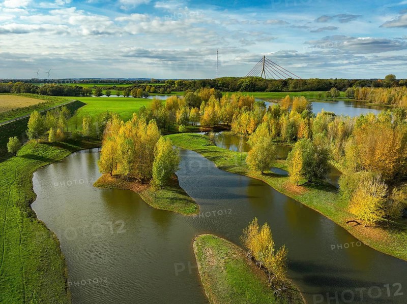 Wesel, Lower Rhine, North Rhine-Westphalia, Germany - autumn on the Lippe, trees with colorful autumn leaves in the restored river floodplain area of Büdericher Insel above the mouth of the Lippe into the Rhine, Lippe estuary nature reserve, in the back the Lower Rhine bridge Wesel