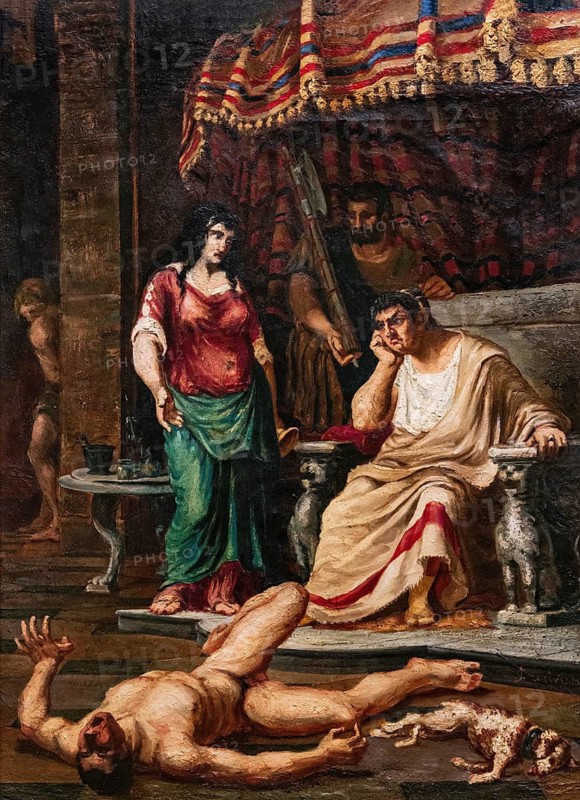 Nero testing poisons on a slave and a dog, painting by Jean-Baptiste Cariven (1843 to 1904, French painter), reproduction of a 19th century painting, digitally restored, historical