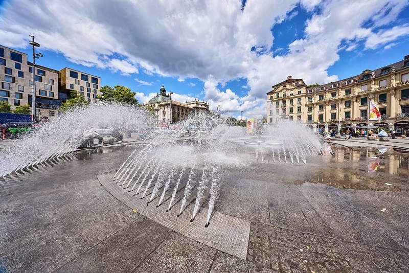 Fountain, water fountain, general architecture, residential and commercial buildings, Stachus roundel, neo-baroque style, lantern, pedestrian zone, blue sky, cumulus clouds, Stachus, Karlsplatz, Munich, state capital, district-free city, Bavaria, Germany