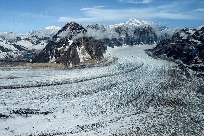 Mount Church, Mount Grosvenor, Mount Johnson Mount Wales and Mount Bradley in front of Ruth Glacier, Alaska Range glaciers and mountains, Alaska, USA