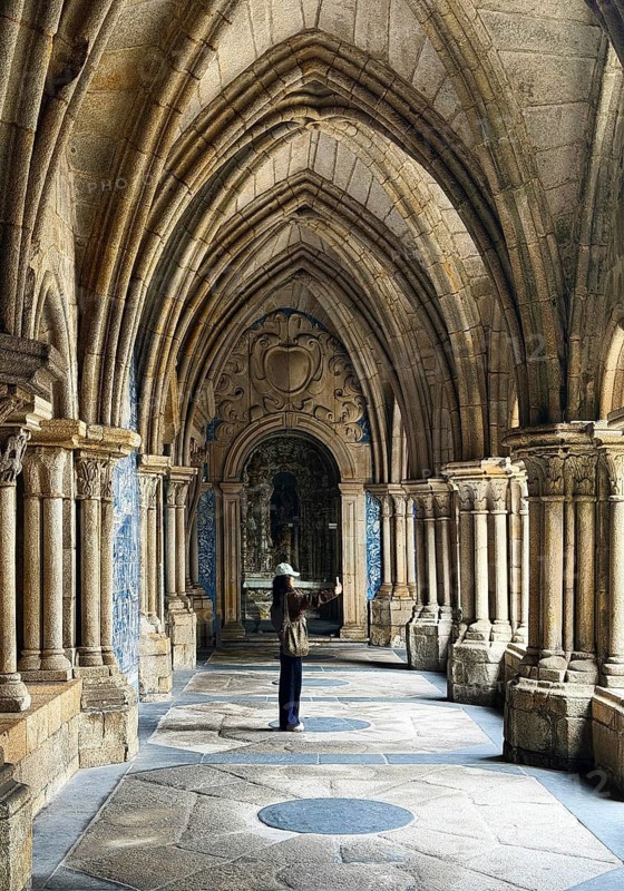 The Gothic cloister of Porto Cathedral was decorated with blue and white azulejos tiles, Sé do Porto, Portugal
