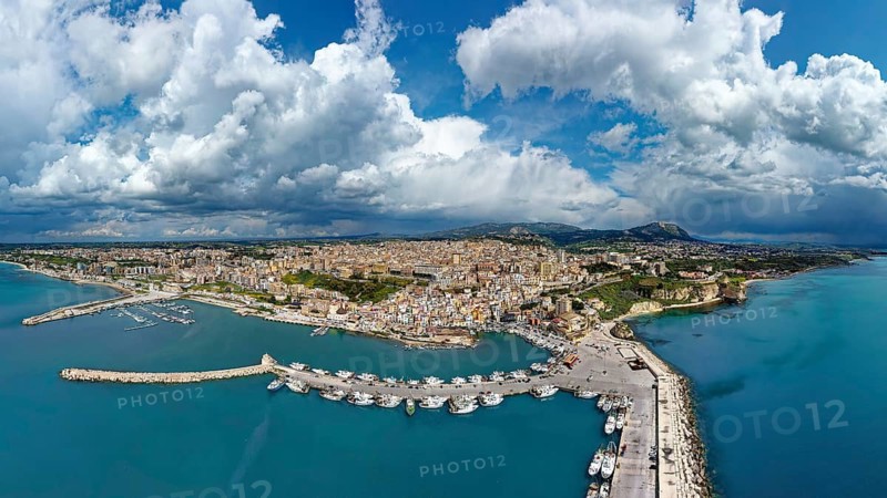 Aerial view, panorama, harbor in front, fishing port, fishing boats, ships, marina on the left, Sciacca, picturesque, port town, thermal spa, Agrigento Free Community Consortium, Sicily region, Italy, Mediterranean