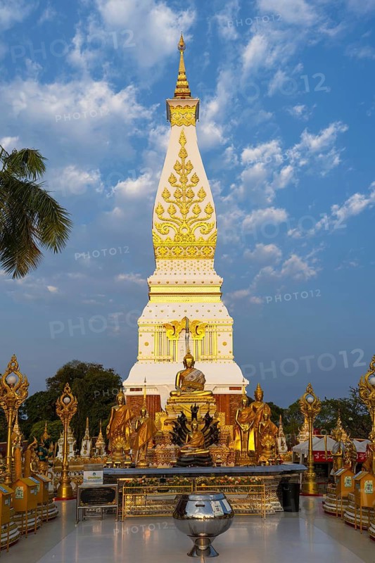 Chedi decorated with golden ornaments at Wat Phra That Phanom at sunrise, temple complex in Amphoe That Phanom, Nakhon Phanom Province, Isan, Thailand