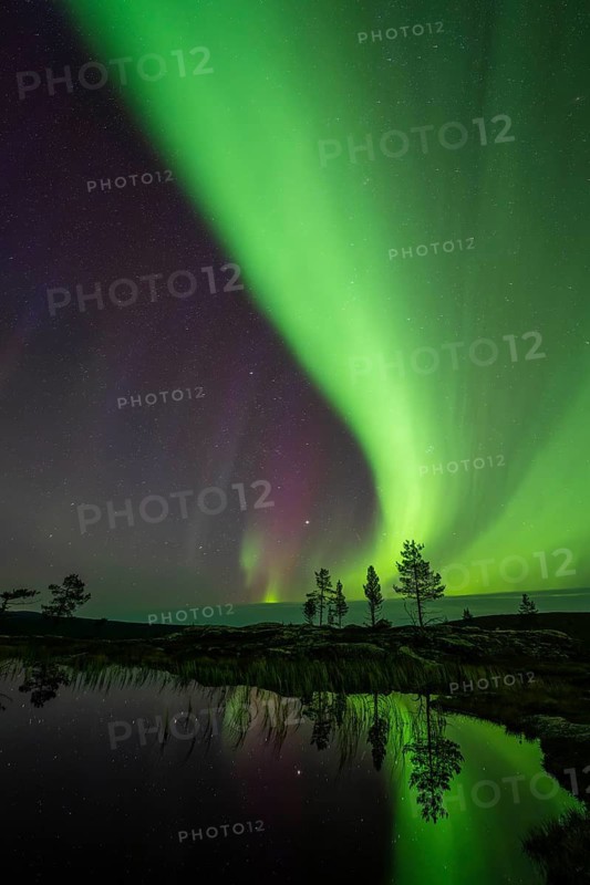 Northern Lights (Aurora borealis) reflected in a mountain lake, Norrbotten, Lapland, Sweden, September 2024