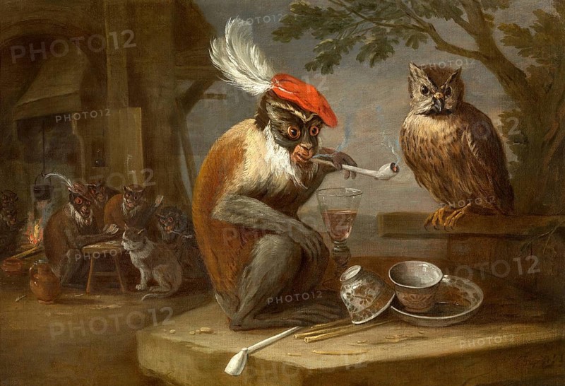 Singerie, painting by David Teniers (baptised 15 December 1610 in Antwerp, died 25 April 1690 in Brussels), Flemish painter, draughtsman and curator. He was an innovator in a variety of genres such as history painting, genre painting, landscape, portrait and still life. He is most remembered today as the leading Flemish genre painter of his time, reproduction from a 17th century painting. Authentic, file restored for optimal use, exact date of original unknown