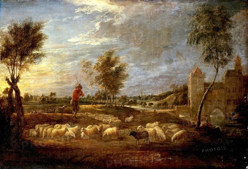 Sunset landscape with a shepherd and his flock, painting by David Teniers (baptised 15 December 1610 in Antwerp, died 25 April 1690 in Brussels), Flemish painter, draughtsman and curator. He was an innovator in a variety of genres such as history painting, genre painting, landscape, portrait and still life. He is most remembered today as the leading Flemish genre painter of his time, reproduction from a 17th century painting. Authentic, file restored for optimal use, exact date of original unknown