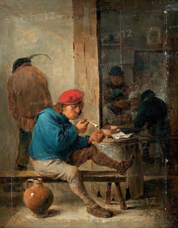 Tavern scene with smokers (1640s), painting by David Teniers (baptised 15 December 1610 in Antwerp, died 25 April 1690 in Brussels), Flemish painter, draughtsman and curator. He was an innovator in a variety of genres such as history painting, genre painting, landscape, portrait and still life. He is most remembered today as the leading Flemish genre painter of his time, reproduction from a 17th century painting. Authentic, file restored for optimal use, exact date of original unknown