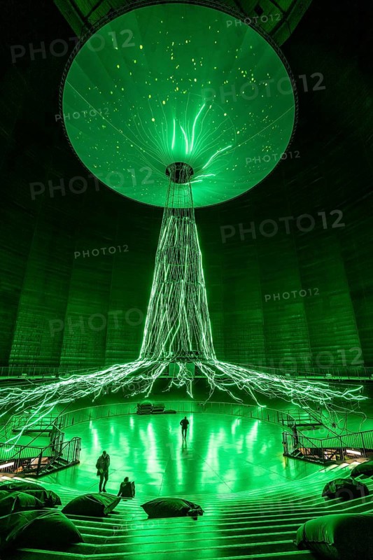 New exhibition at Gasometer Oberhausen, art sculpture The Tree, 40 meter high light installation, shows different stages of a tree with light and music, exhibition Myth Forest, on 3 levels and with several thematic chapters, the exhibition shows the diversity of the world's forests with pictures, videos and exhibits, North Rhine-Westphalia, Germany