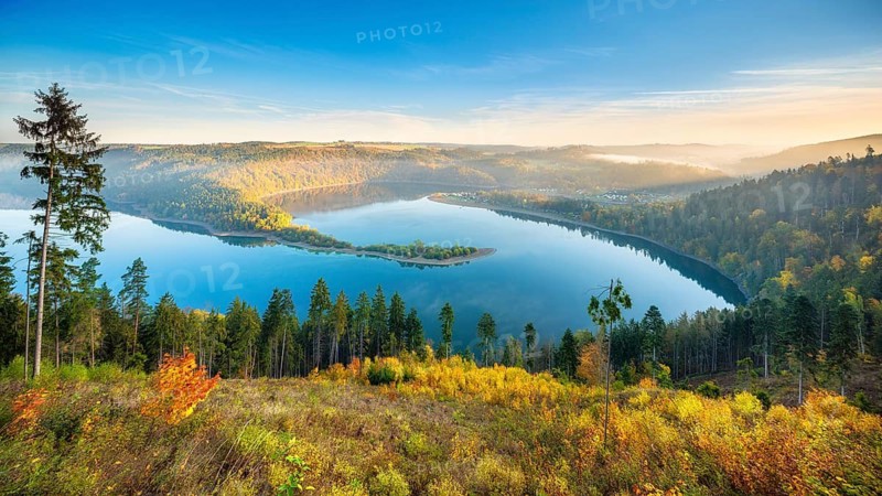 Morning atmosphere on the Saale loop of the Hohenwarte Reservoir, Hohenwart dam near Altenbeuthen in autumn with morning fog, Thuringian Slate Mountains nature park Park, Obere Saale, Altenbeuthen, Saale Valley, Thuringia, Germany