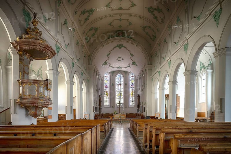 Interior view, nave, pulpit, choir room, altar, St. Stephen's Protestant Church, Lindau, Bavaria, Lake Constance, Germany